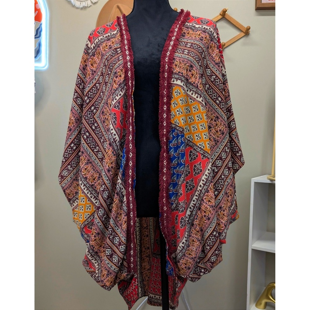 Umgee USA Womens M/L Boho Patchwork Print Open Front Kimono Duster Fringe Trim